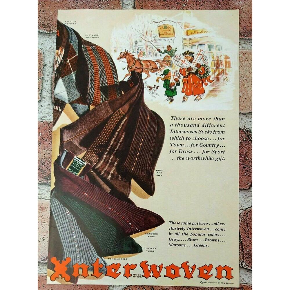 Vtg 1940s - InterWoven Socks - Christmas -‎ PRINT AD Ephemera